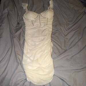 Ivory Ruched Lace Strap Bodycon Dress